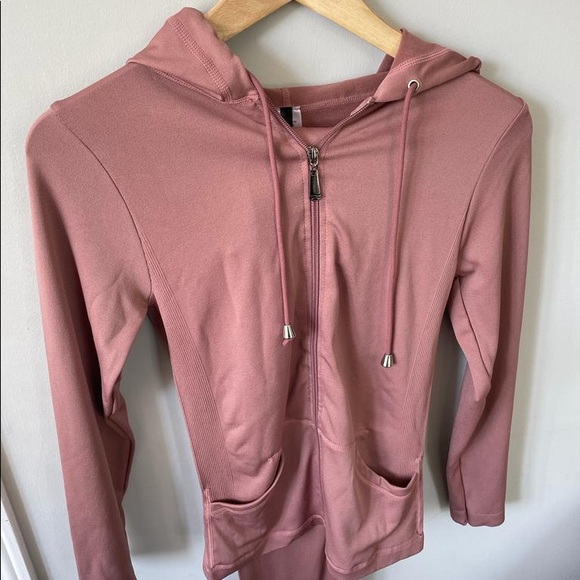 Pink 2 Piece Zip Hoodie Track Suit with Leggings Tights Sexy Crepe Material - Picture 3 of 17